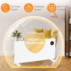 The electric convector heater with icons for safety features including tip-over switch