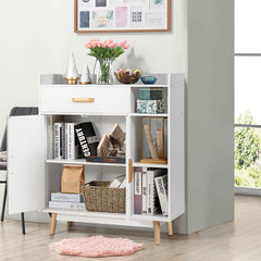 Freestanding Wooden Bookcase with Drawer and Adjustable Shelves-White