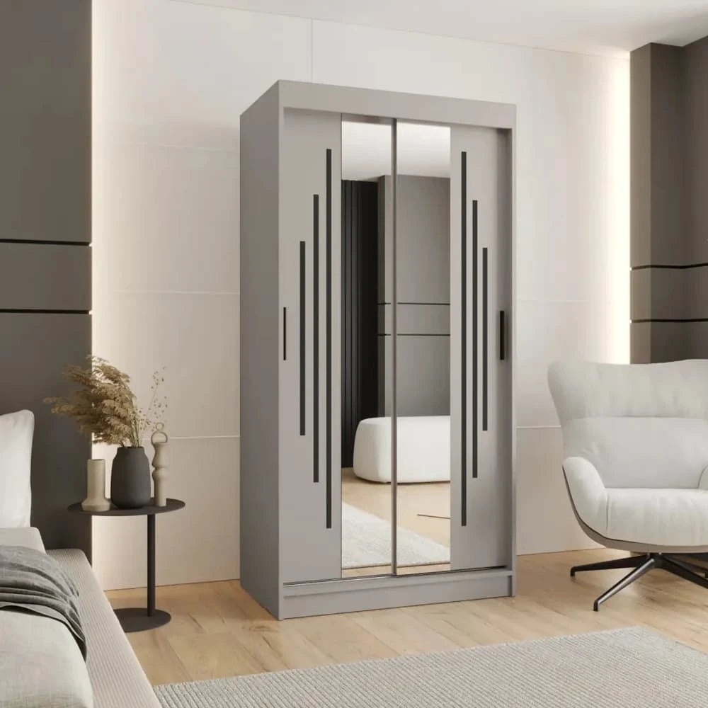 Sliding door wardrobe in a light grey finish with mirrored doors
