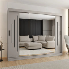 Sliding door wardrobe in a light grey finish with mirrored doors