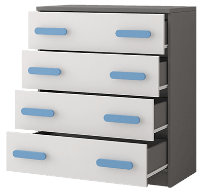 Four-drawer dresser with white drawers and blue handles on a gray background