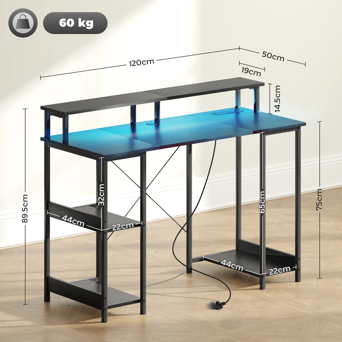 HOMCOM LED Computer Desk, with Power Outlets and Shelves - Black - product image 3