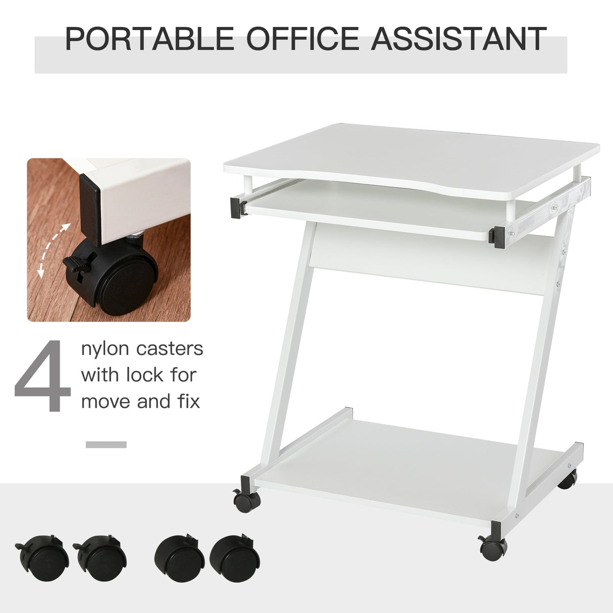 HOMCOM Mobile Computer Desk, Z-Shaped Writing Desk, PC Table for Small Spaces, Workstation with 4 Wheels & Sliding Keyboard for Home Office, Easy Assembly, White