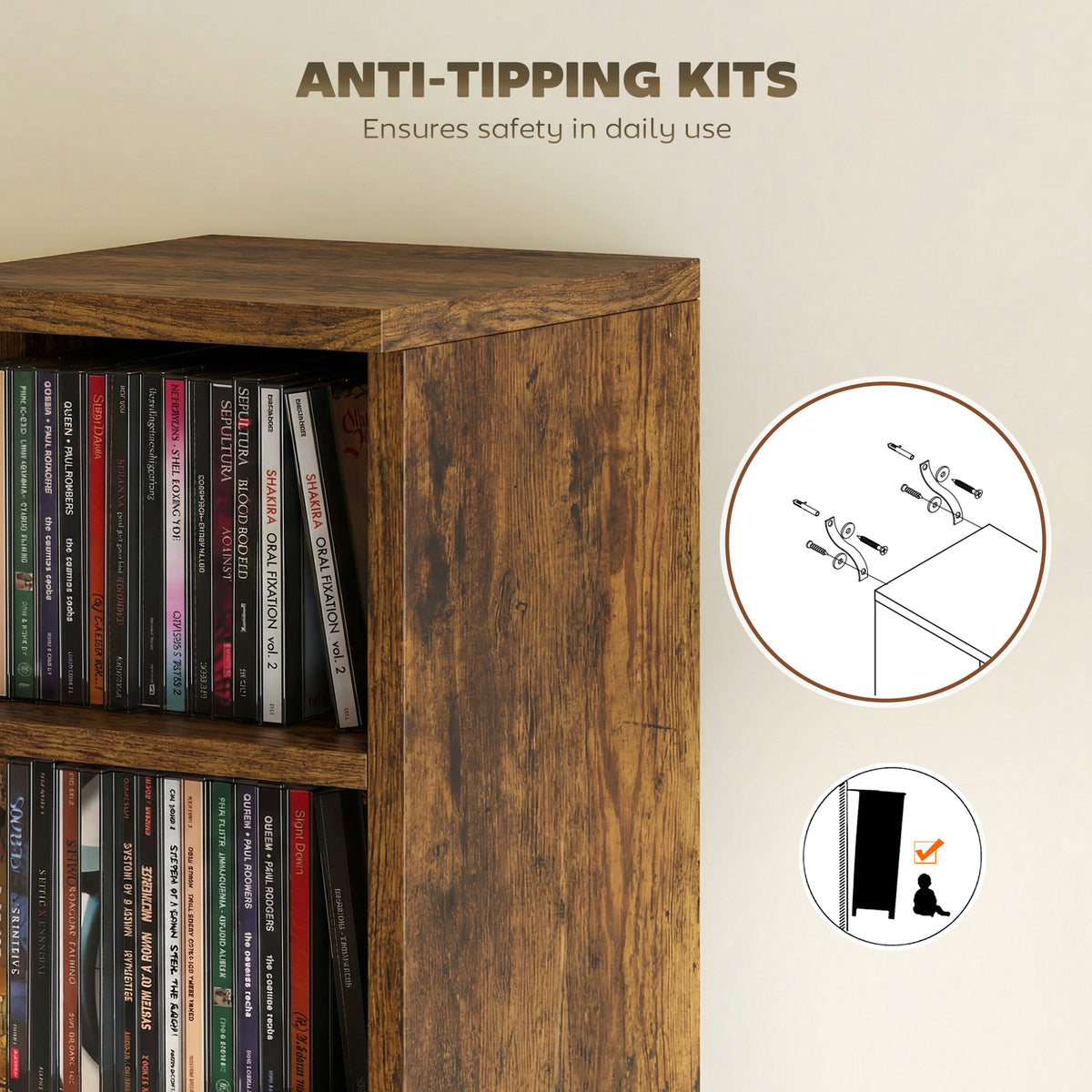 HOMCOM Set of 2 CD Media Display Shelf Unit Tower Rack with Adjustable Shelves, Rustic Brown