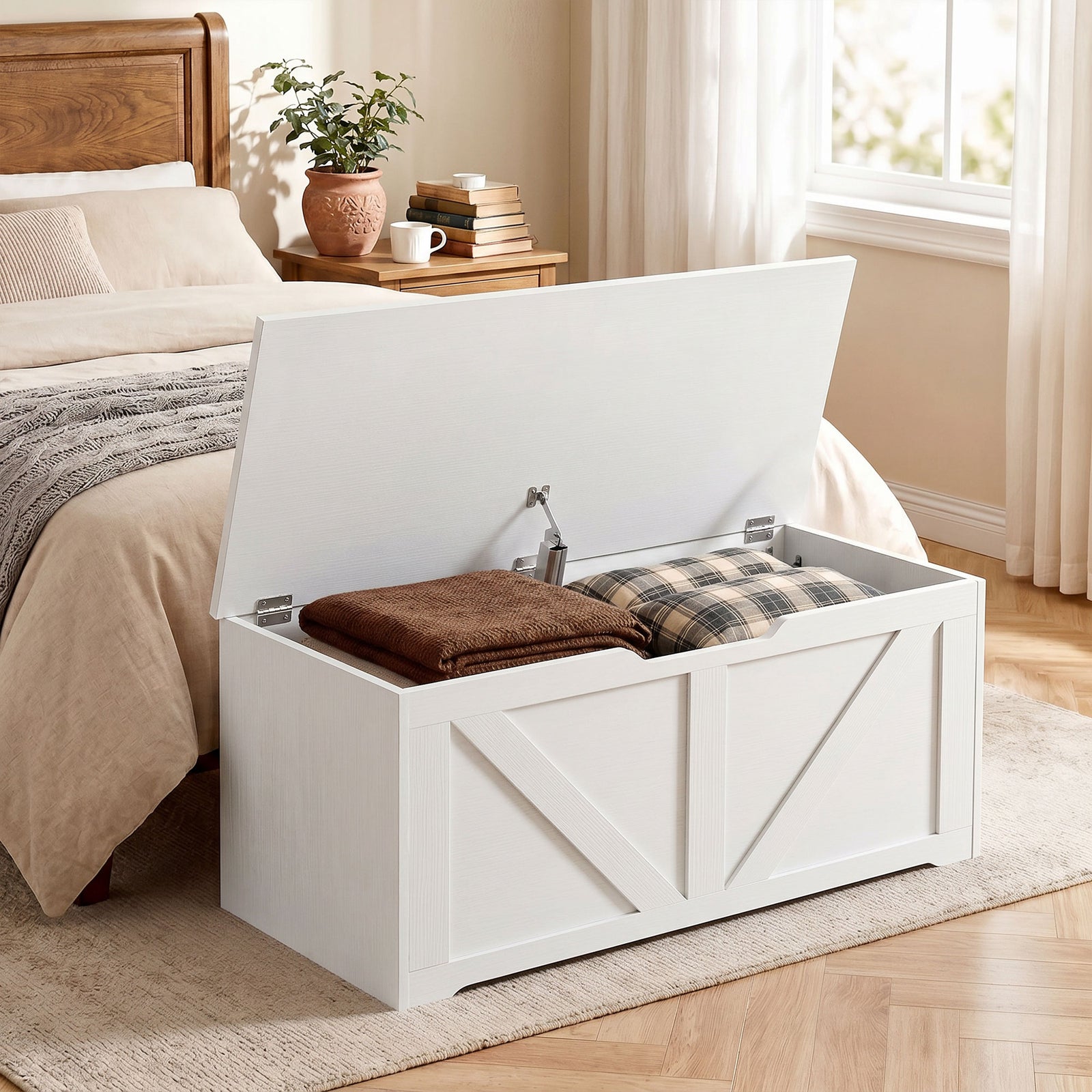 HOMCOM 100L Home Storage Box, with Safety Hinge - White Wood-Effect