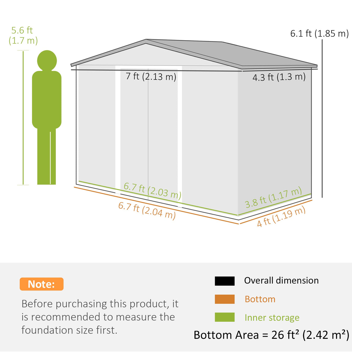 Outsunny 7 x 4ft Lockable Metal Garden Tool Storage Shed Storage - Light Grey