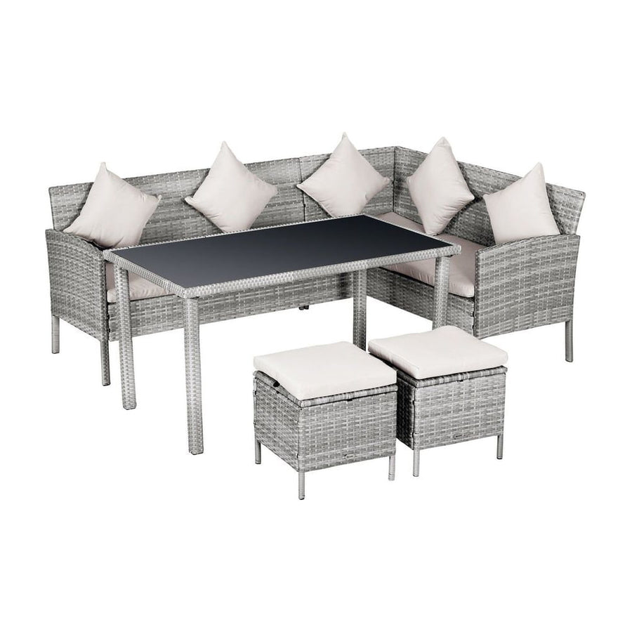 Outsunny 6-Seater Rattan Dining Set Sofa Table Footstool Outdoor w/ Cushion Garden Furniture