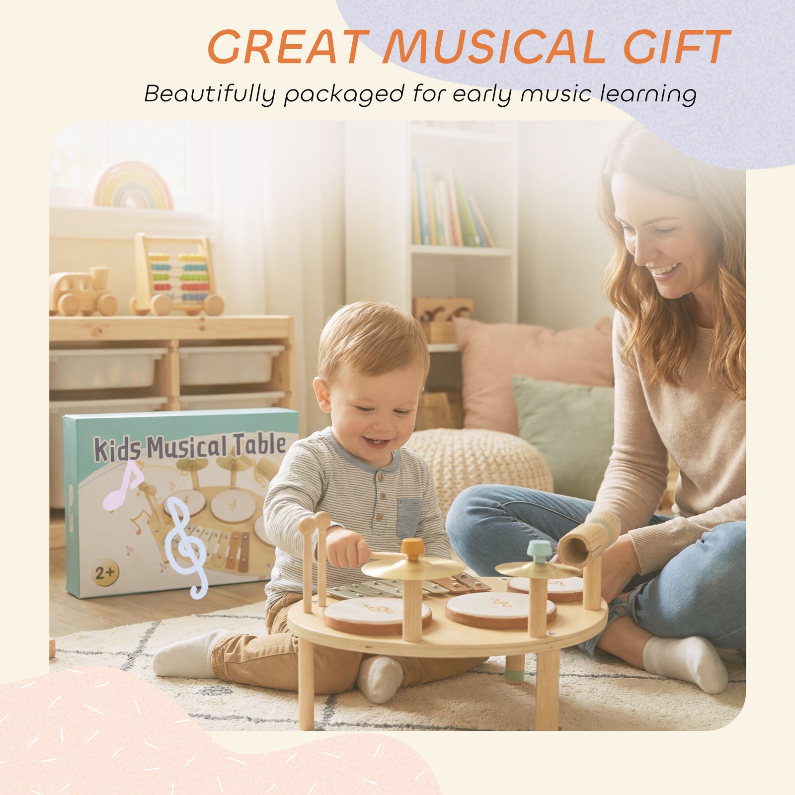 AIYAPLAY Baby Drum Kit, Wooden Kids Musical Instruments with Drums and Xylophone, Gifts for Girls Boys Birthday, Natural