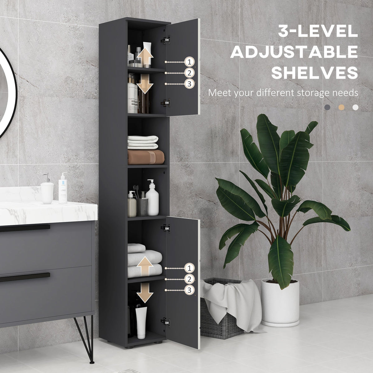 kleankin Line Embossed Tall Bathroom Storage Cabinet - Grey