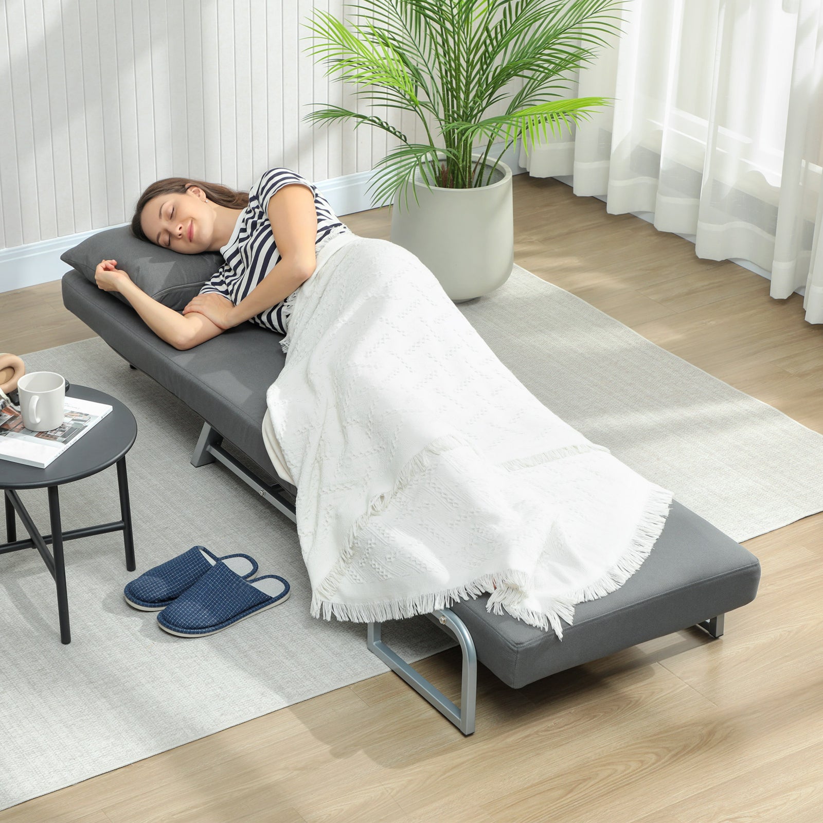 HOMCOM Single Sofa Bed, 3-in-1 Convertible Folding Chair Bed with Adjustable Backrest, Removable Armrests, Dark Grey
