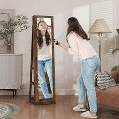 HOMCOM 360 Swivel Jewellery Cabinet, Free Standing Full Length Mirror with Storage, Lockable Jewellery Organiser with Built-in Makeup Mirror and Storage Shelves for Bedroom, Rustic Brown