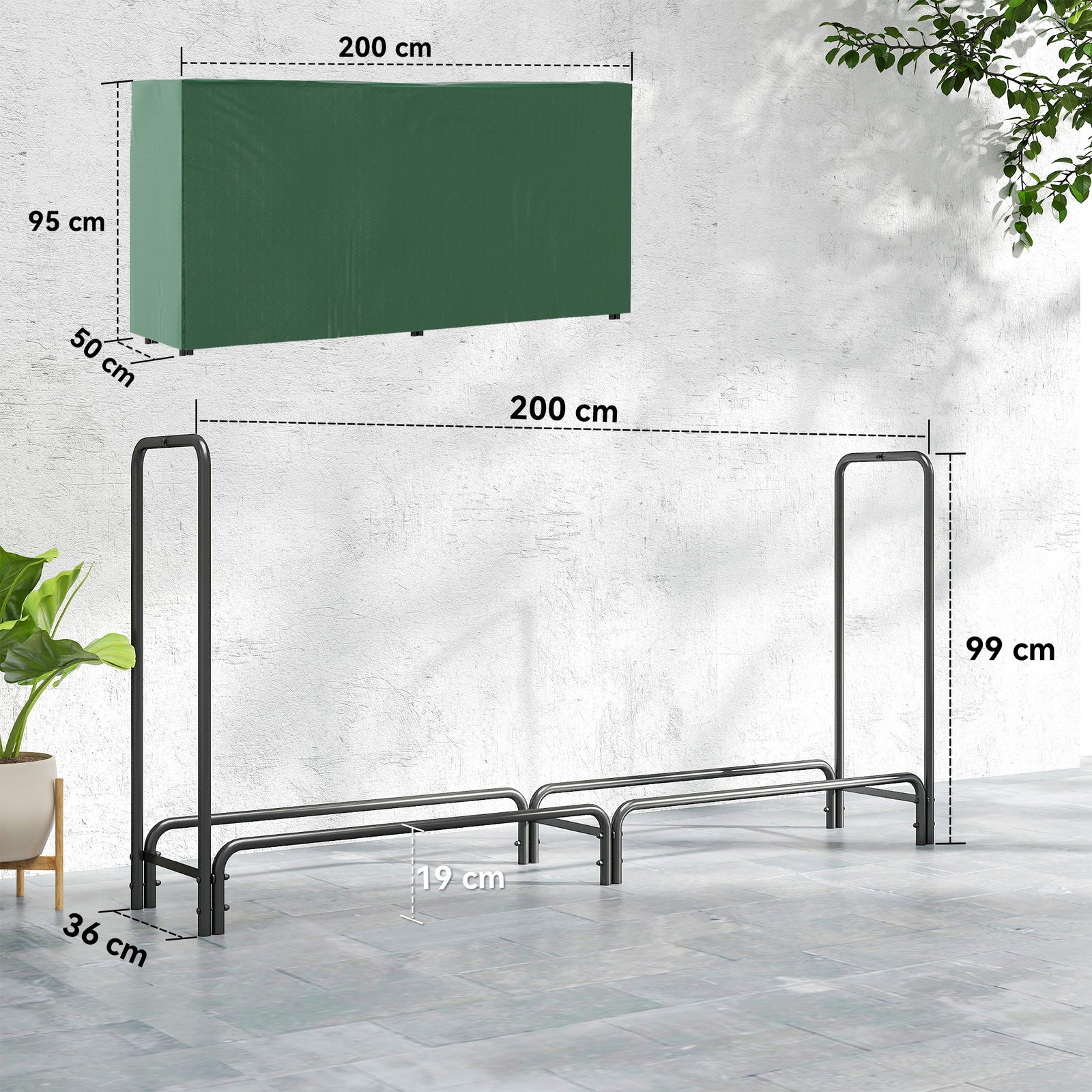 Outsunny Firewood Rack with Waterproof Cover, Heavy Duty Metal Log Store Indoors, Log Storage Holder for Outdoor Indoor Fireplace, 200 x 36 x 99 cm, Dark Green