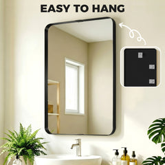 HOMCOM Rectangular Wall Mirror, 90 x 60 cm Wall Mounted Bathroom Mirror with Aluminium Alloy Frame and Tempered Glass, Black