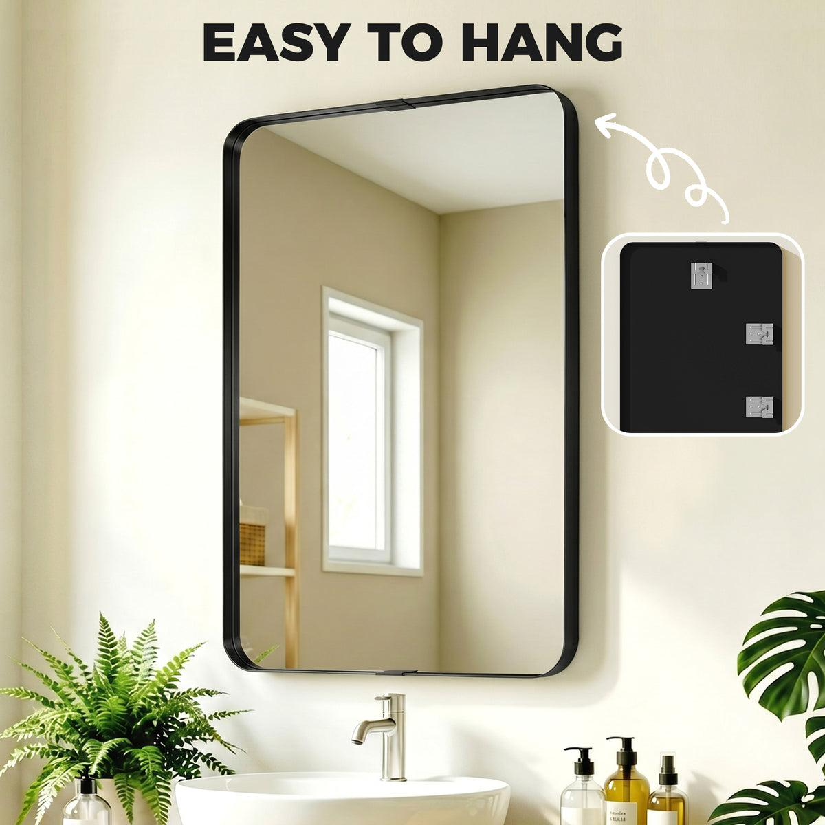 HOMCOM Rectangular Wall Mirror, 90 x 60 cm Wall Mounted Bathroom Mirror with Aluminium Alloy Frame and Tempered Glass, Black