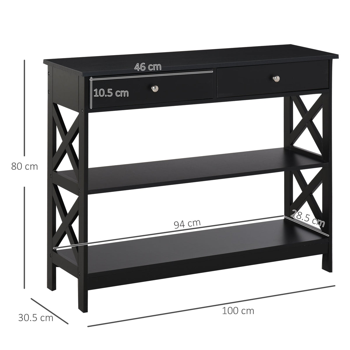 HOMCOM Console Table Side Desk w/ Shelves Drawers Open Top X Support Frame Living Room Hallway Home Office Furniture Black