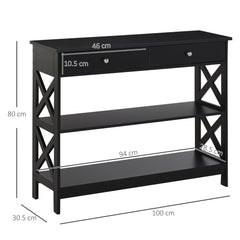 HOMCOM Console Table Side Desk w/ Shelves Drawers Open Top X Support Frame Living Room Hallway Home Office Furniture Black