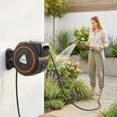Outsunny 23+2m Retractable Hose Reel Wall Mounted with Auto Retraction, Self-Locking, Slow Return System, 12-Pattern Nozzles