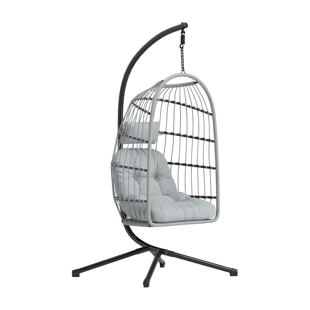 Outsunny Hanging Egg Chair, Indoor Outdoor Hammock Swing Chair with Stand, Safety Strap, Foldable Basket, Light Grey