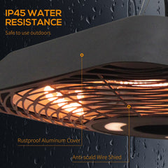 Close up of the patio heater showing its rustproof aluminium cover and anti-scald wire shield