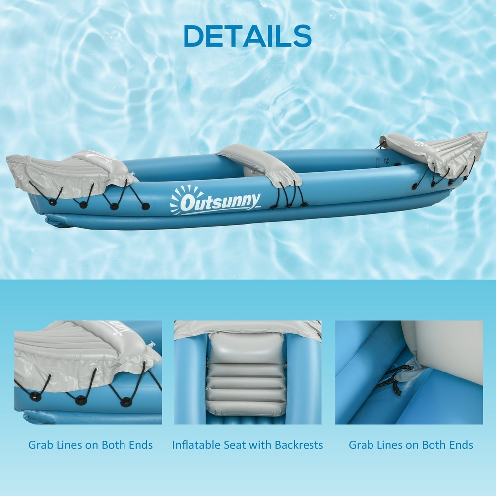 Close up details of the inflatable kayak including seats and grab lines