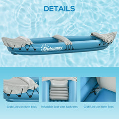 Close up details of the inflatable kayak including seats and grab lines