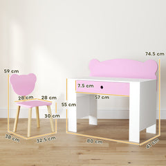 AIYAPLAY Kids Desk and Chair Set with Drawer for Drawing, Reading, Bear Theme Children Furniture for Bedroom, Daycare, Pink