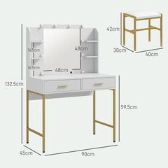 HOMCOM Dressing Table with Lighted Mirror, Cushioned Stool, Drawers, Shelves, LED Makeup Vanity Desk Set, Modern Dresser Vanity Table for Bedroom, White