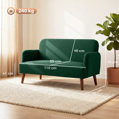 HOMCOM Velvet Feel Fabric 2 Seater Sofa, Small Sofa Loveseat with 21cm Thick Padding and Wood Legs, Dark Green