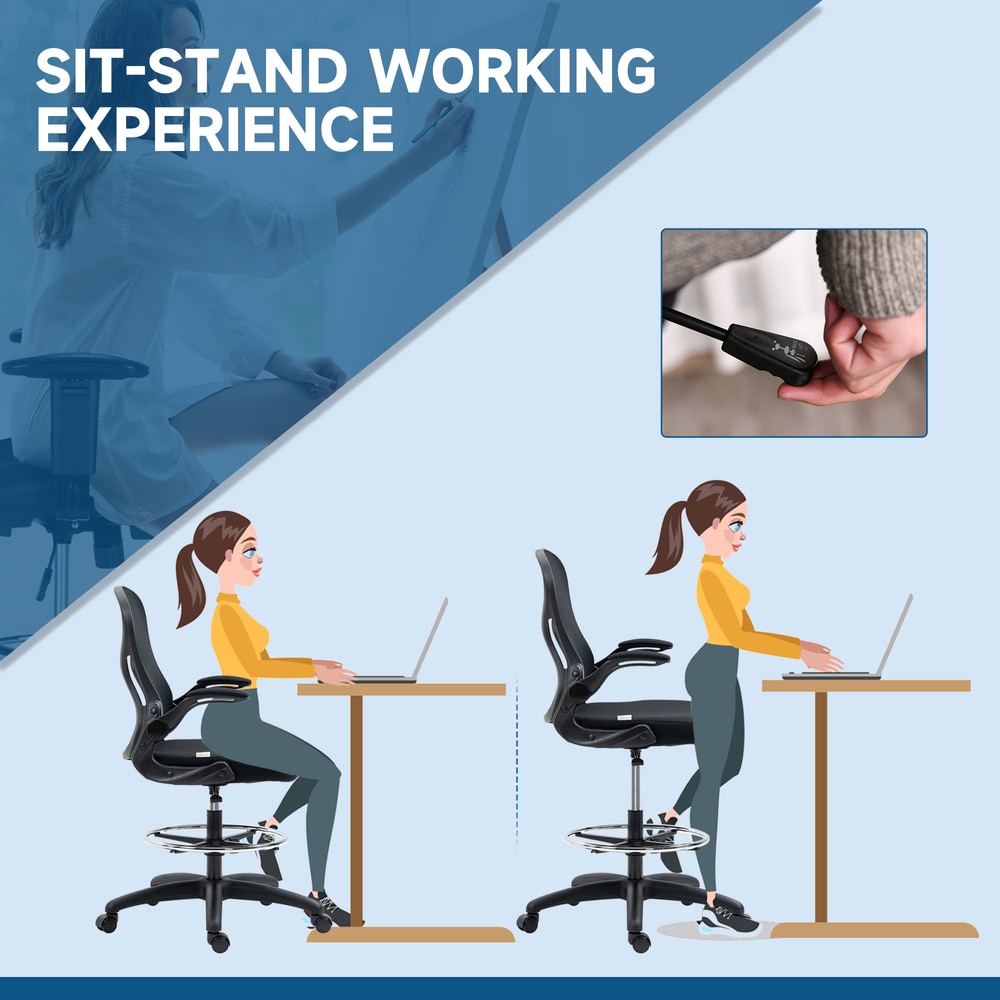 The office chair shown in two positions to illustrate the sit-stand working experience