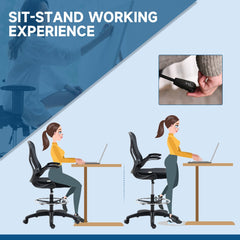 The office chair shown in two positions to illustrate the sit-stand working experience