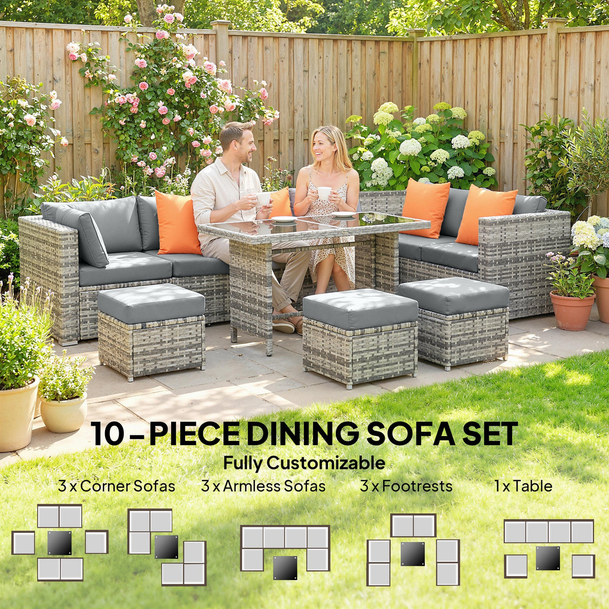 Outsunny 10 Piece Rattan Garden Furniture Set, 2 Corner Sofas with 4 Chairs, 4 Stools and Coffee Table, Outdoor Patio Furniture