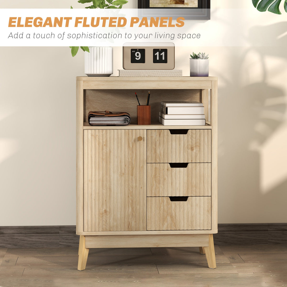 HOMCOM Small Sideboard with Drawers and Adjustable Shelf - Nature Wood Finish