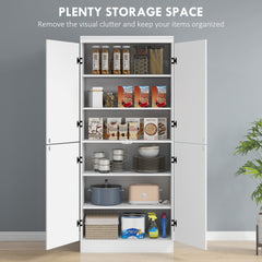 HOMCOM 4-Door Tall Kitchen Cupboard, Freestanding 6-Tier Storage Cabinet with 2 Adjustable Shelves for Living Room, Dining Room, White