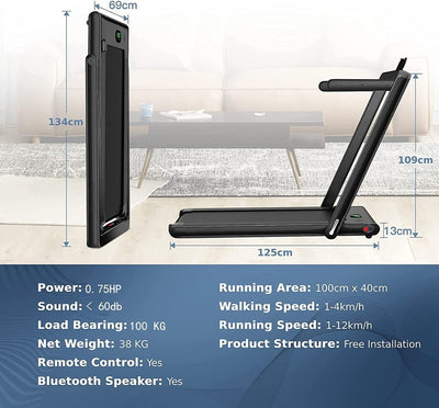 1-12Kph Folding Electric Treadmill with Bluetooth Capability-Black - Infyniti Home