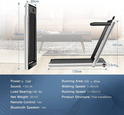 1-12Kph Folding Electric Treadmill with Bluetooth Capability-Silver - Infyniti Home