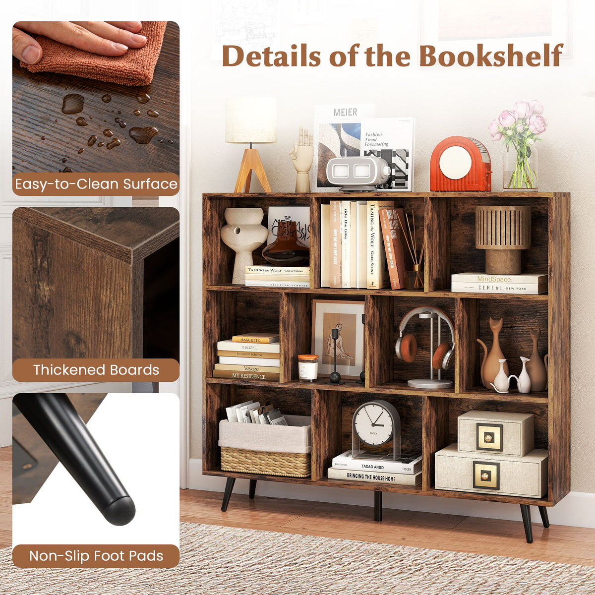 10-Cube Bookcase 120 CM Mid Century Modern Storage Organizer-Brown