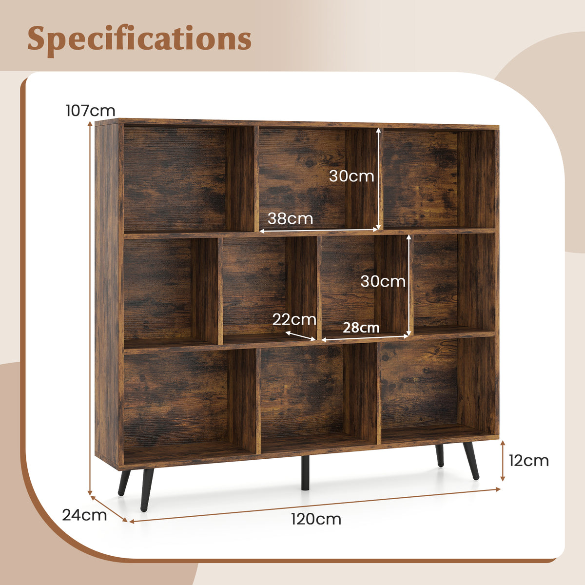10-Cube Bookcase 120 CM Mid Century Modern Storage Organizer-Brown