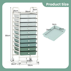 10 Drawers Mobile Storage Trolley with 4 Wheels for Beauty-Green