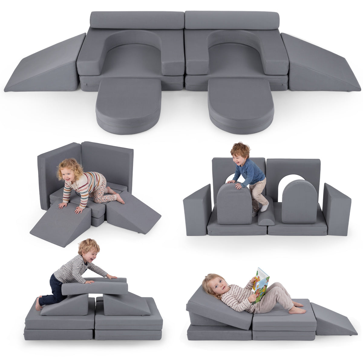 10 PCS Modular Kids Play Couch Toddler Climb and Crawl Foam Playset-Grey