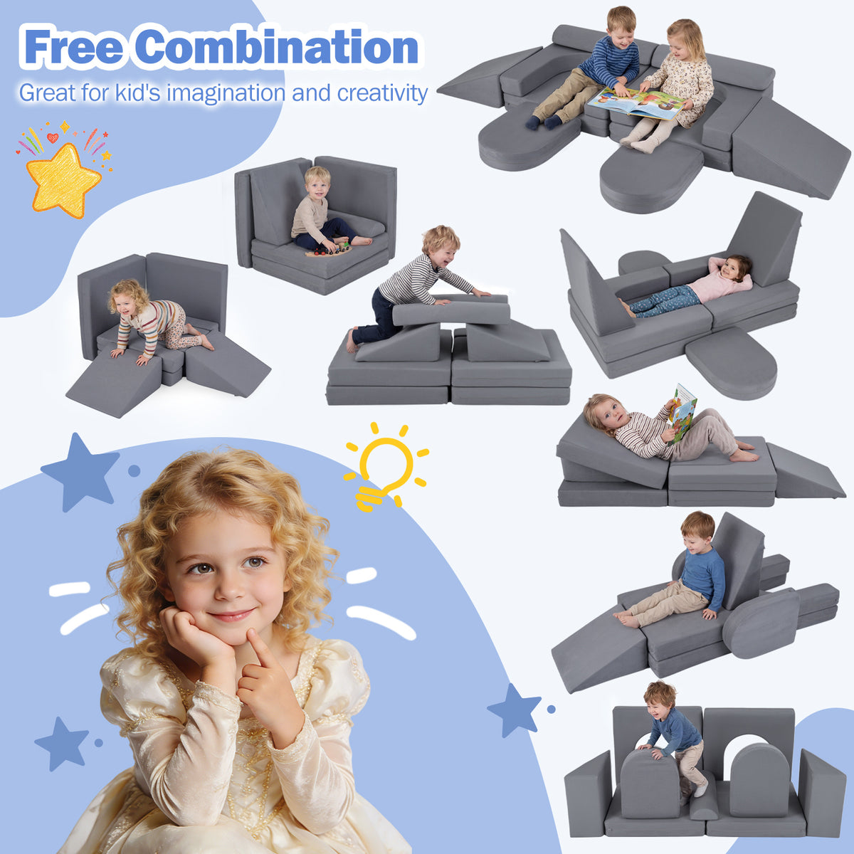 10 PCS Modular Kids Play Couch Toddler Climb and Crawl Foam Playset-Grey