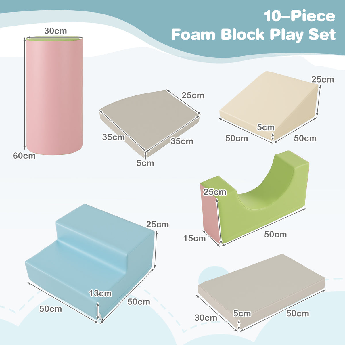 10 Pieces Foam Climbing Blocks Set with PU Leather Surface for 1-3 Years Old-Grey