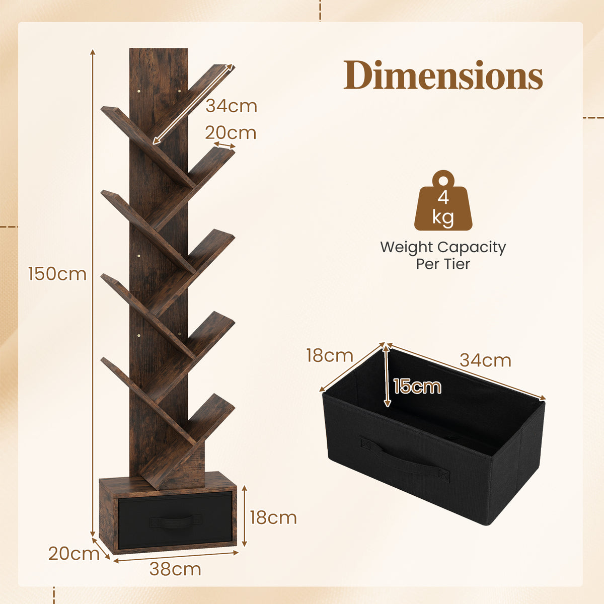 Dimensions diagram for the rustic brown tree bookshelf and fabric storage box