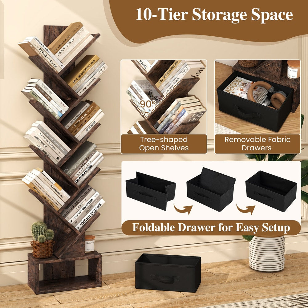 Collage showing the 10-tier storage space, tree shape, removable fabric drawers
