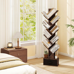 The rustic brown tree bookshelf in a bedroom setting next to a bedside table