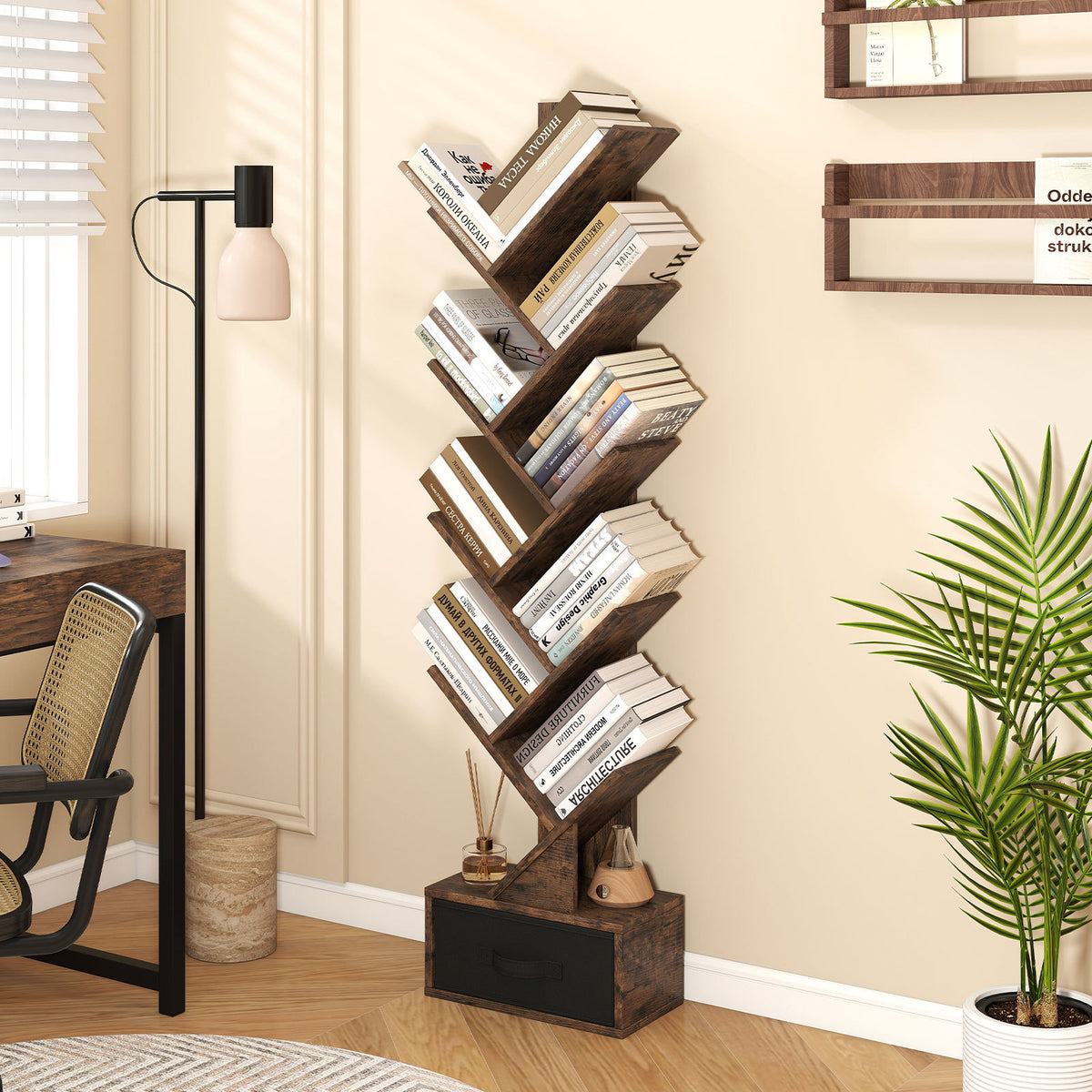 Close-up of the drawer on the rustic brown tree bookshelf