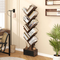 10-Tier Freestanding Tree Bookshelf with Drawer for Home Office and Living Room-Rustic Brown