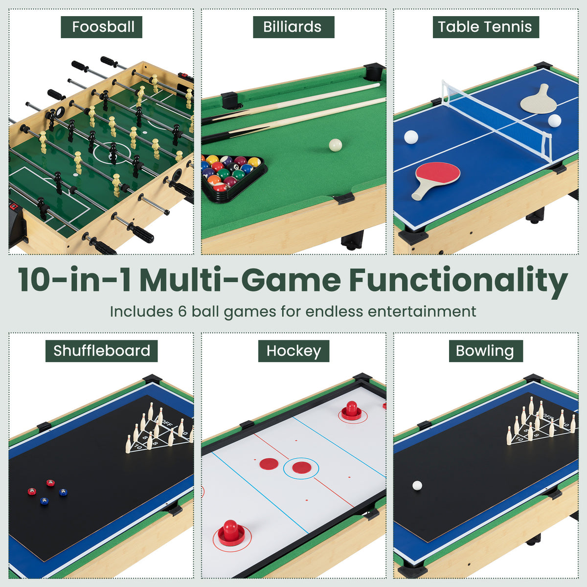 10-in-1 Combo Game Table Set with Foosball and Air Hockey-Natural