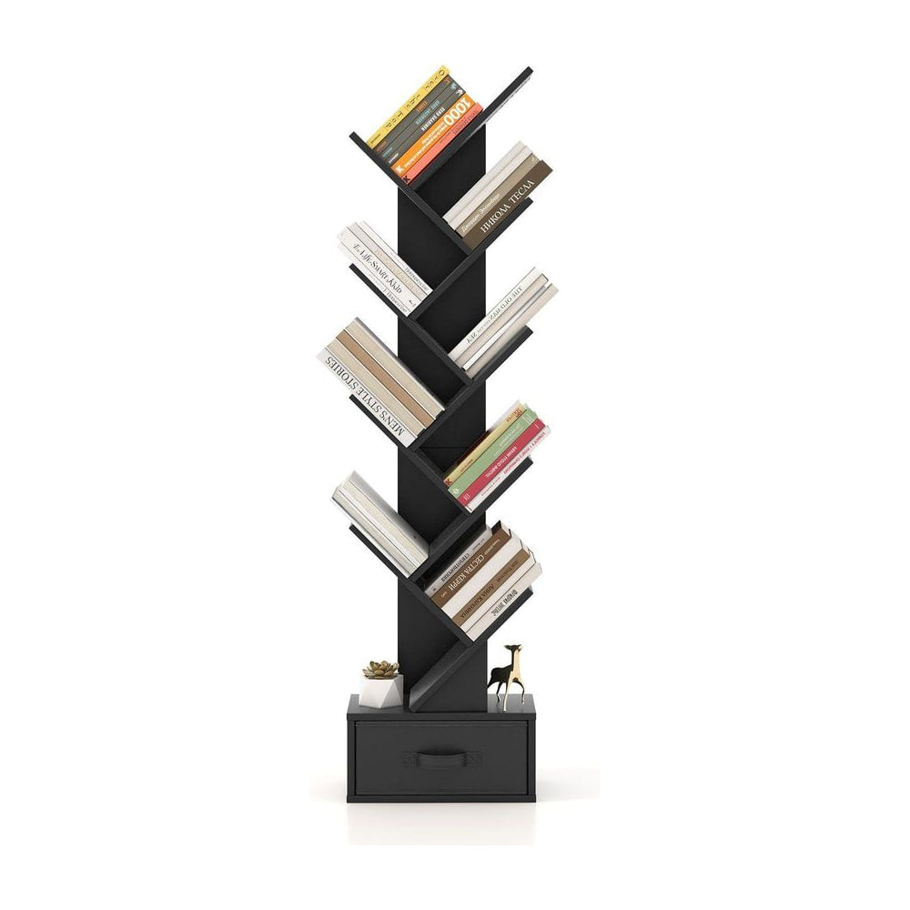 10-Tier Freestanding Tree Bookshelf with Drawer in black, shown from the front with books on the shelves