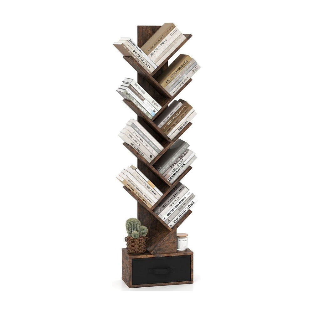 10-Tier Freestanding Tree Bookshelf with drawer in rustic brown