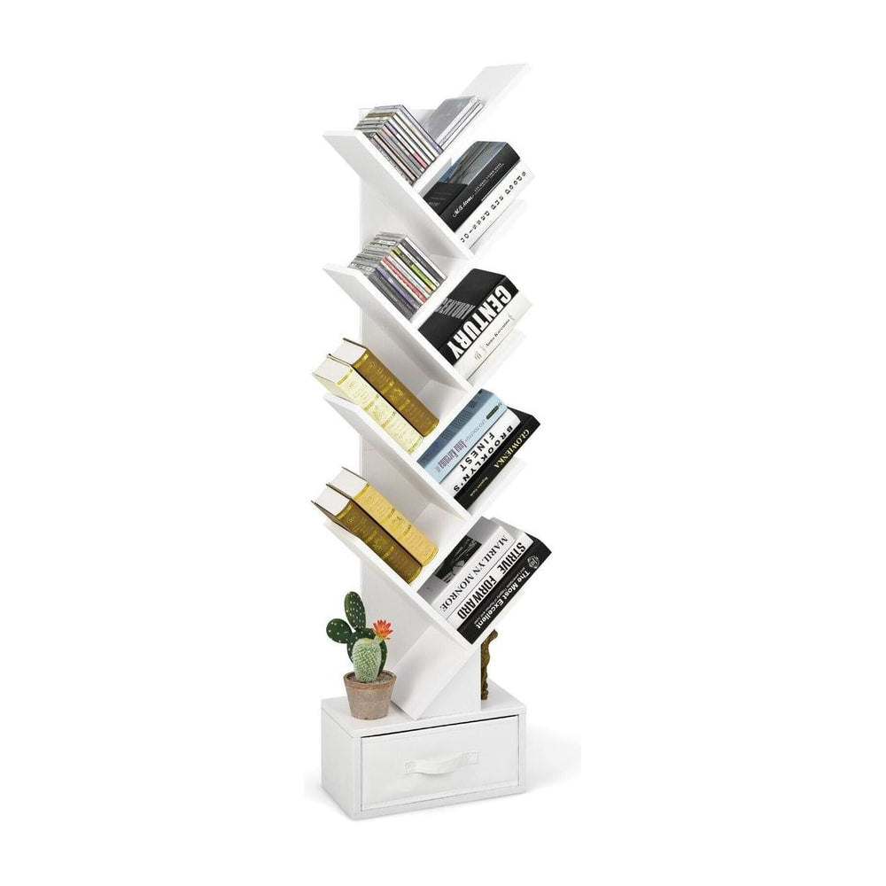 10-Tier Freestanding Tree Bookshelf with Drawer-White standing on a plain white background